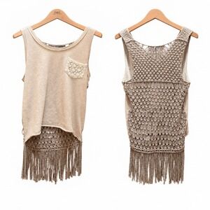 Addie Tank Top Women Medium Beige Macrame Fringe Crochet Boho Festival Layering